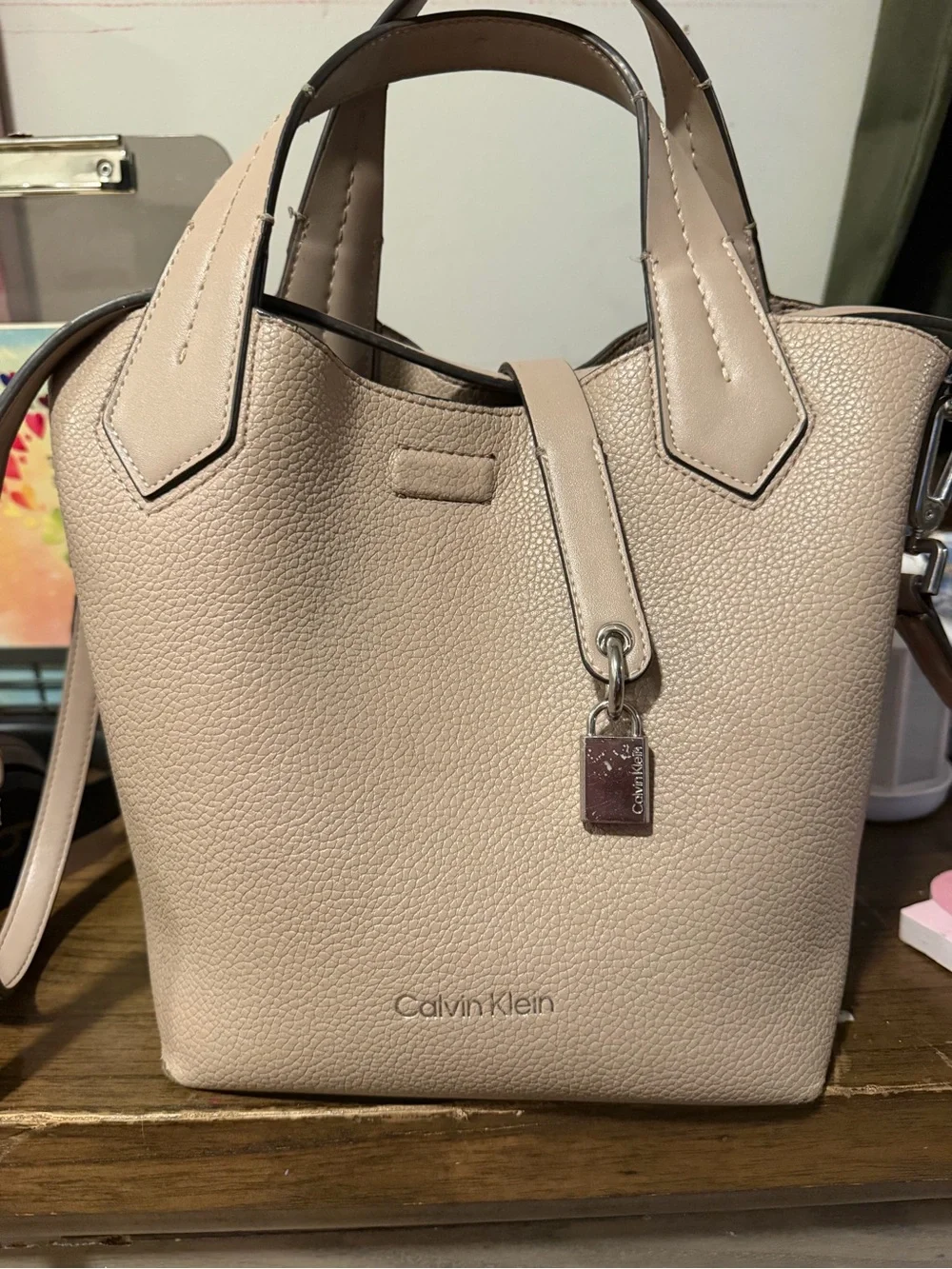 Calvin Klein Neutral Taupe Leather Tote with Zip Organizer